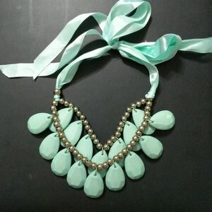 Silver Tone Beaded Mint Green Teardrop Ribbon Tie Statement Necklace